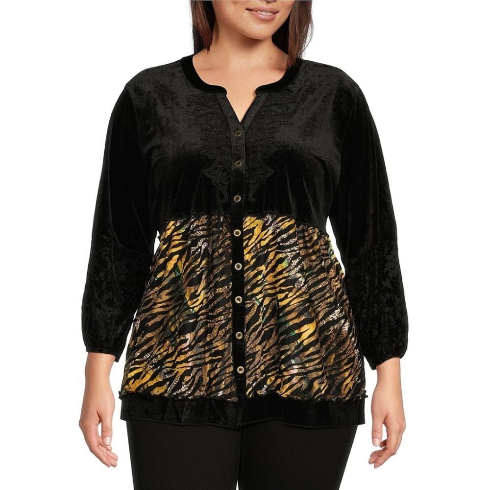 Calessa Button Up Down Tunic Top Womens Size 1X Embroidered Black Velvet Lagum